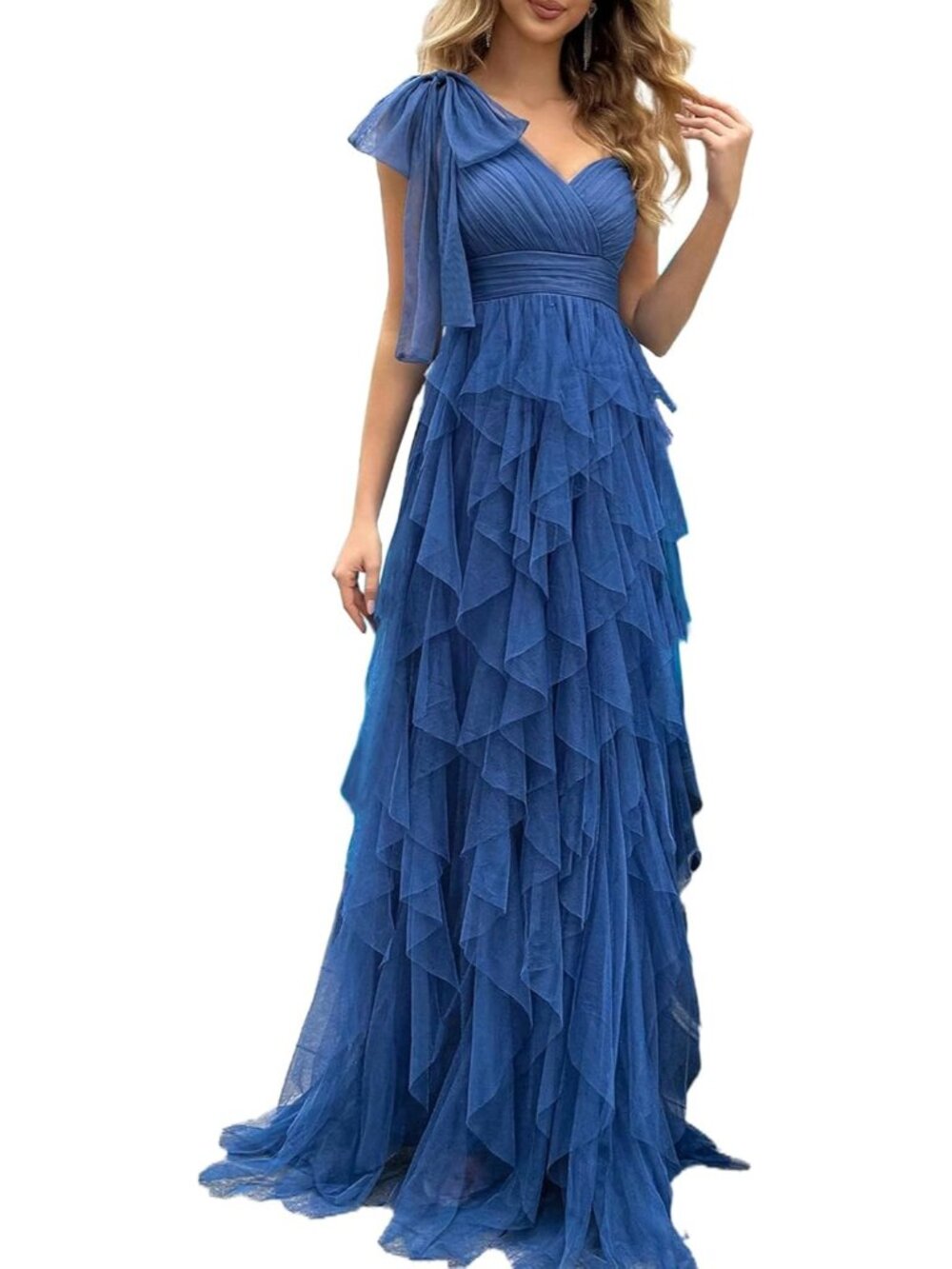 Women's Haze Blue Elegant Bow One Shoulder Slit Gown Tulle Imported Maxi Dress